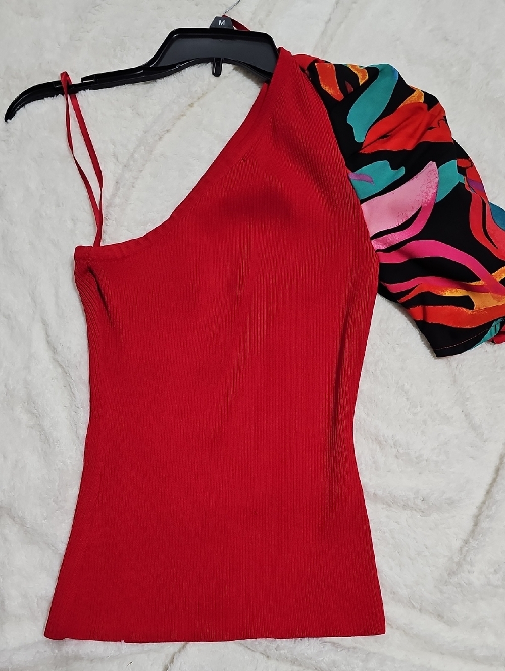 7th Avenue,NY&C,Women’s One-Shoulder Red Mixed-Sleeve Top